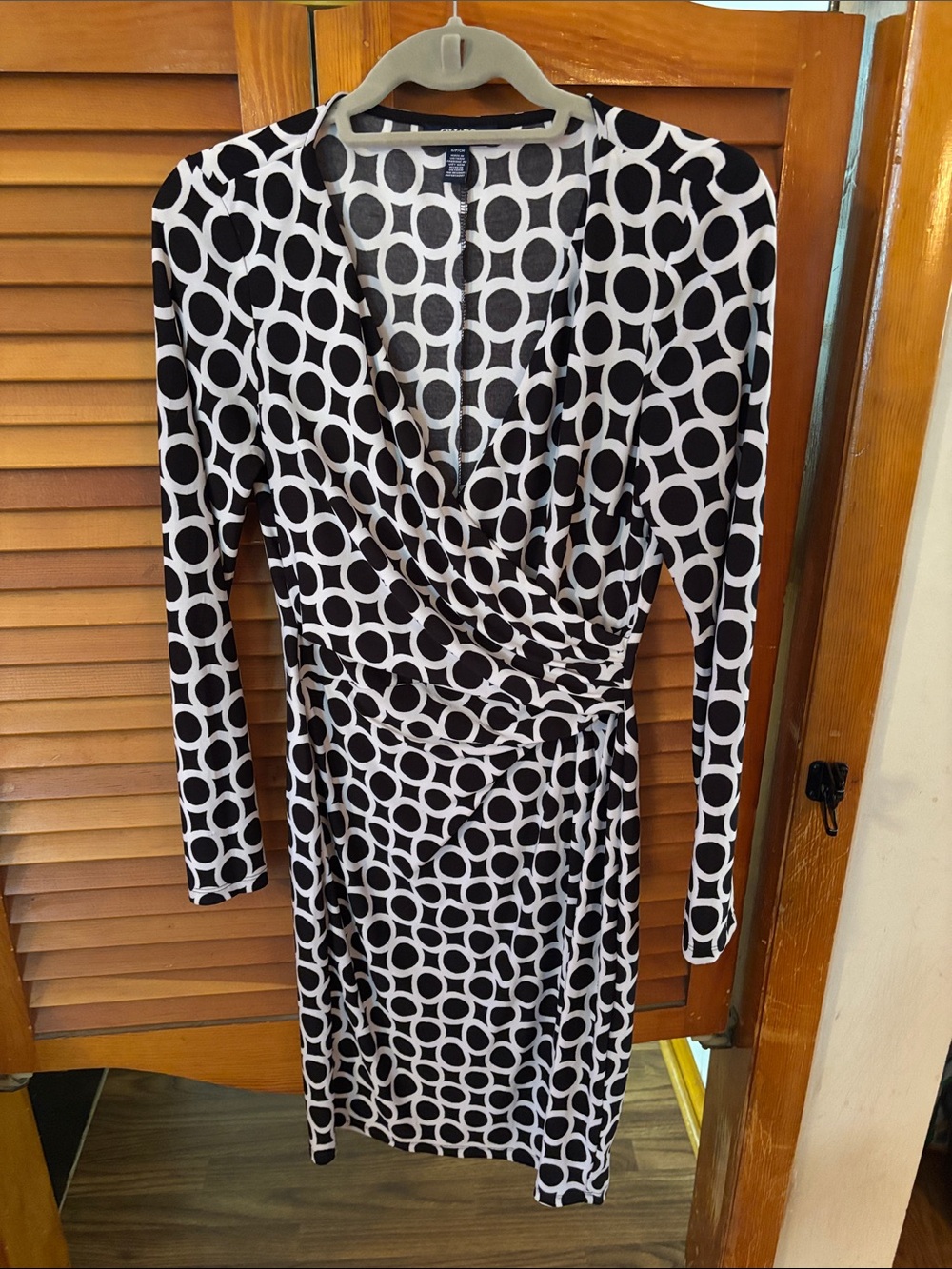 Chaps Black and White Circle-Print Long Sleeve Faux-Wrap Dress